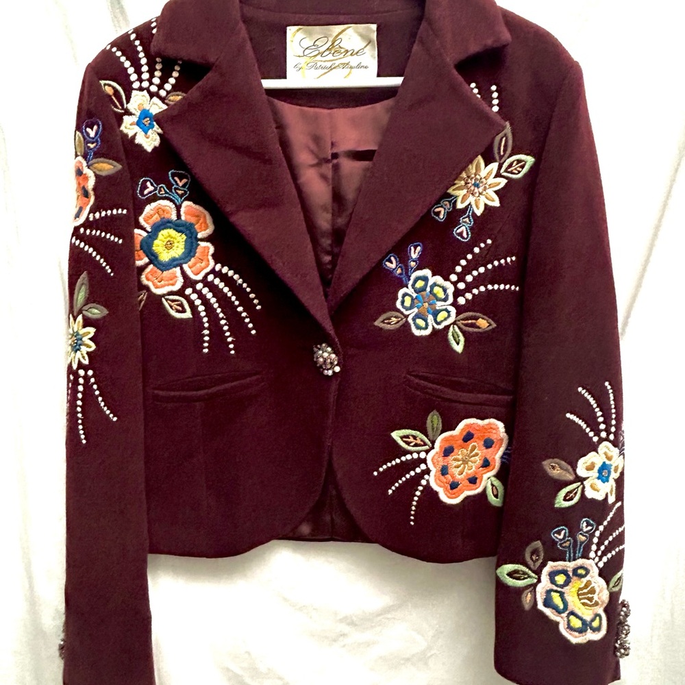 Ebene by Patrick Assuline Embroidered Wool Blazer Floral Beaded Boho Burgundy